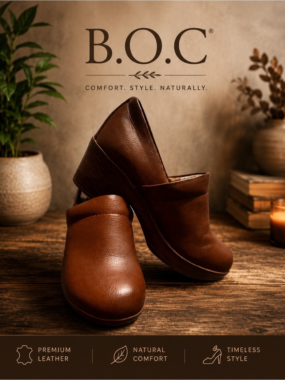 b.o.c. Brown Leather Slip-On Clogs — Classic Comfort